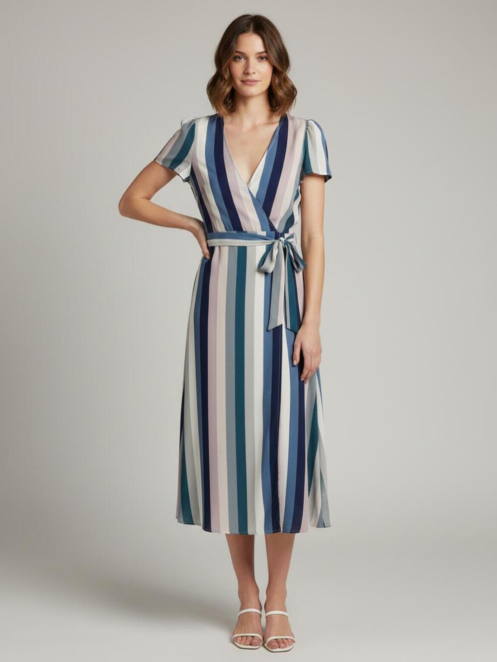 LEITH Striped Blue Midi Wrap Dress‎ Size S